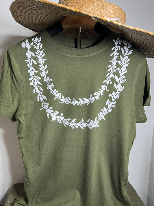 Awapuhi Ke’oke’o lei on Olive tee